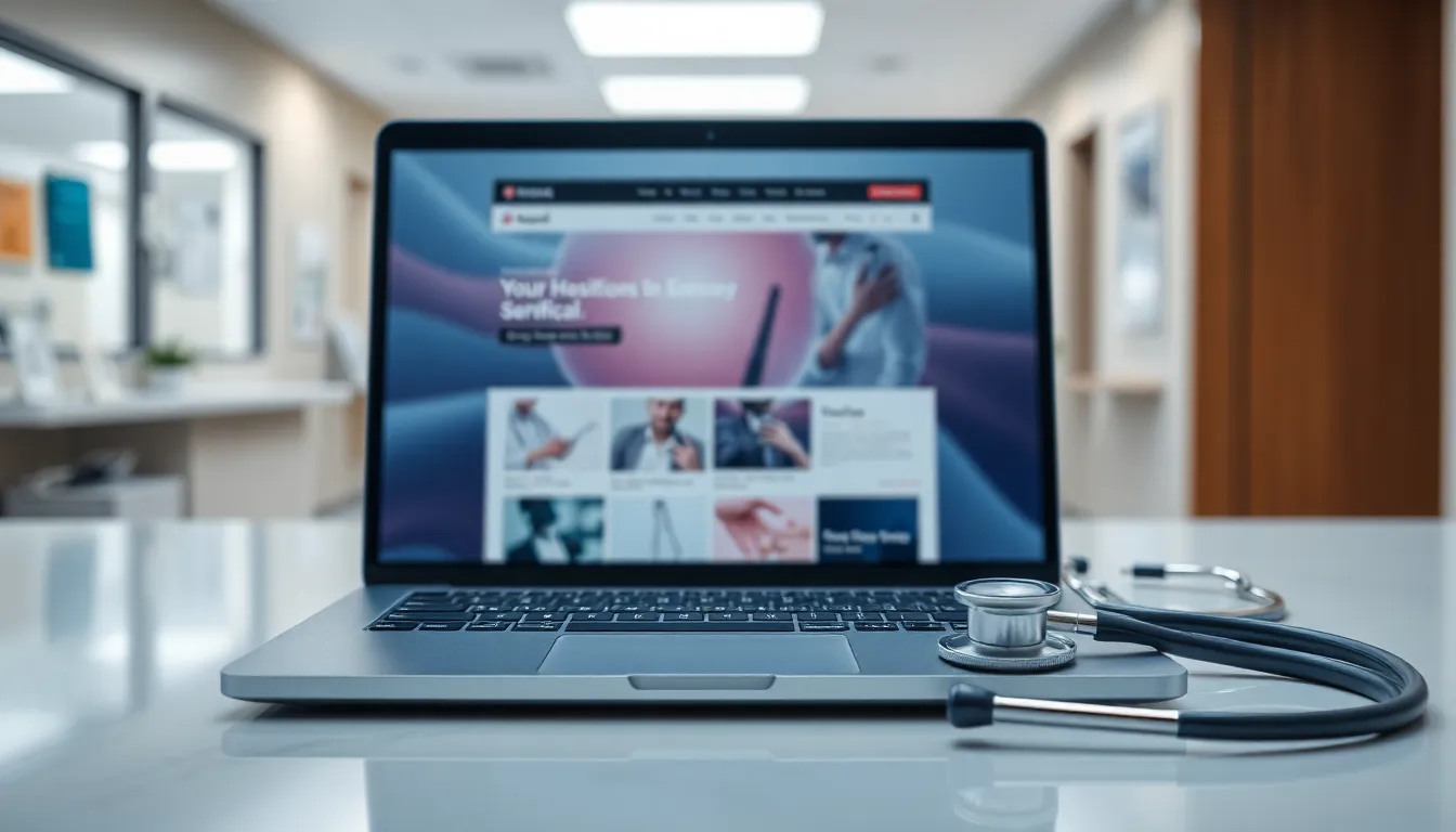 Laptop menampilkan halaman utama website rumah sakit dengan logo dan menu, mewakili jasa pembuatan website rumah sakit di Palembang.