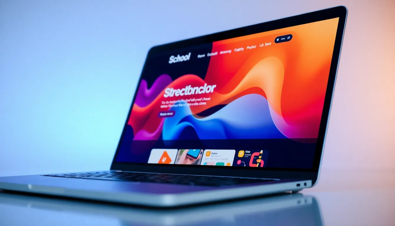 Laptop menampilkan desain website sekolah modern dengan layanan Jasa Bikin Web bagi Sekolah di Surabaya.
