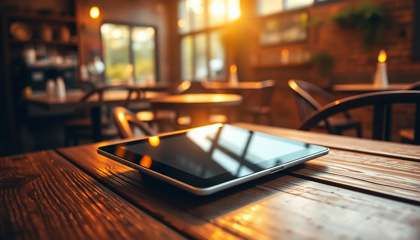 Tampilan website kafe di layar laptop di dalam kafe modern, melambangkan jasa pembuatan website kafe di Solo.
