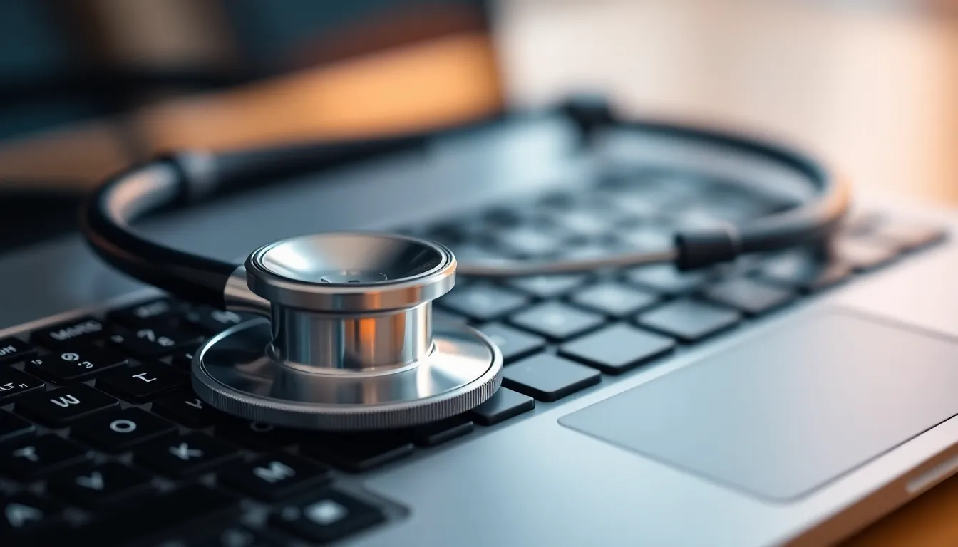 Laptop menampilkan halaman utama website klinik dengan fitur konsultasi online, hasil jasa pembuatan website klinik di Banjarmasin profesional.