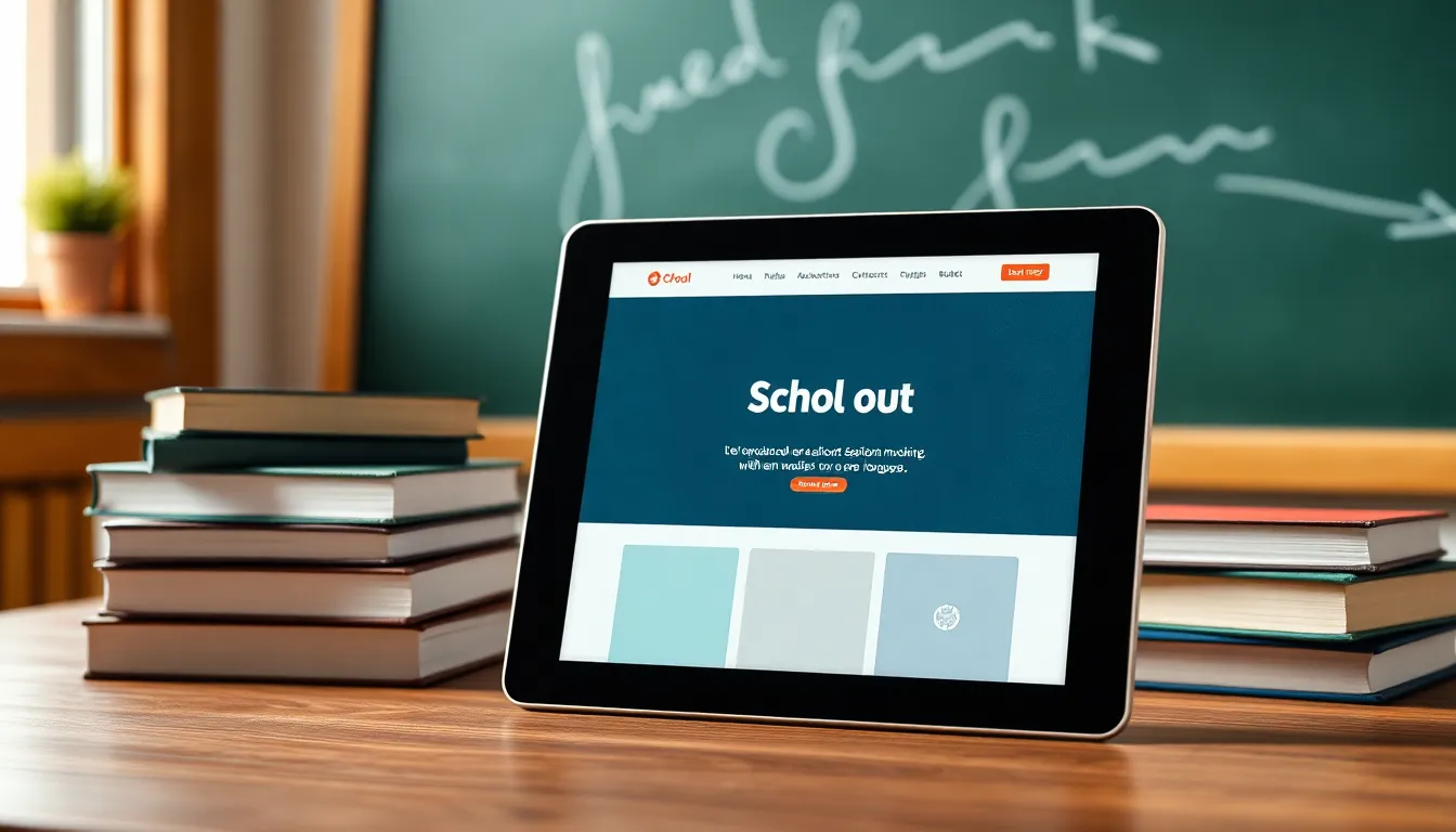 Laptop menampilkan desain website sekolah dengan elemen edukasi, menawarkan Jasa Pembuatan Website Sekolah di Malang yang profesional.