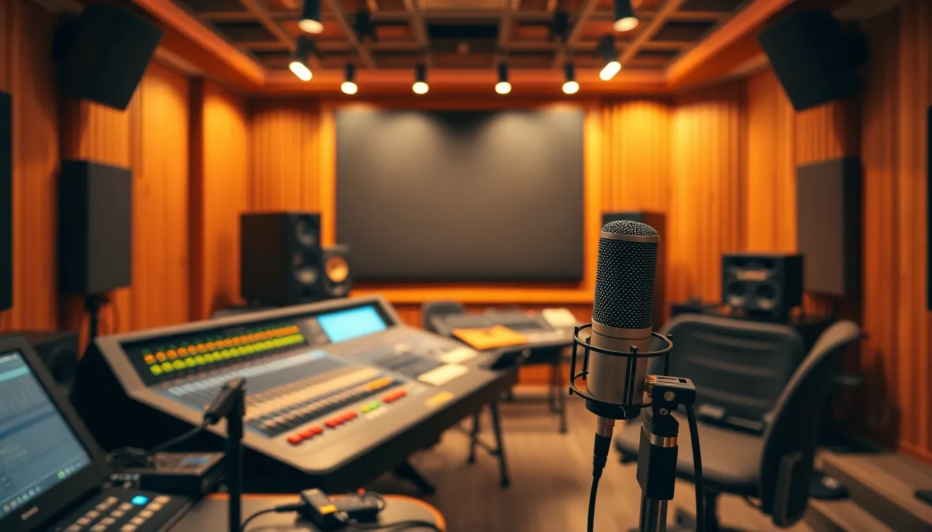 Studio musik modern dengan peralatan rekaman dan layar monitor website, Jasa Pembuatan Website Studio Musik di Malang profesional.