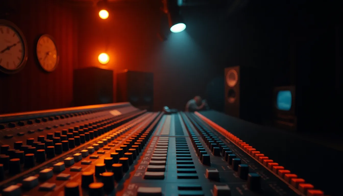 Sebuah studio musik modern di Yogyakarta dengan peralatan rekaman dan layar monitor menampilkan website profesional, mencerminkan jasa pembuatan website studio musik di Yogyakarta.