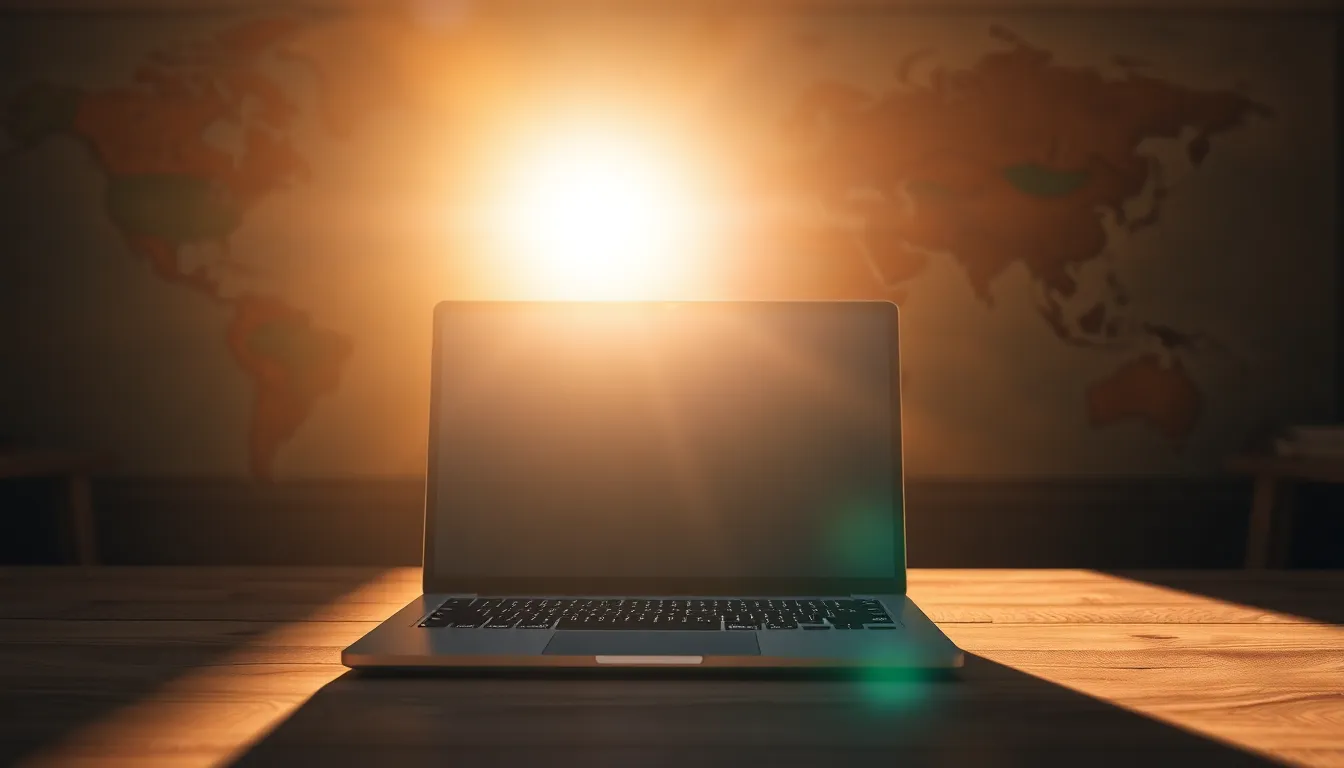 Laptop menampilkan desain website travel profesional untuk jasa pembuatan website travel di Solo yang modern dan responsif.